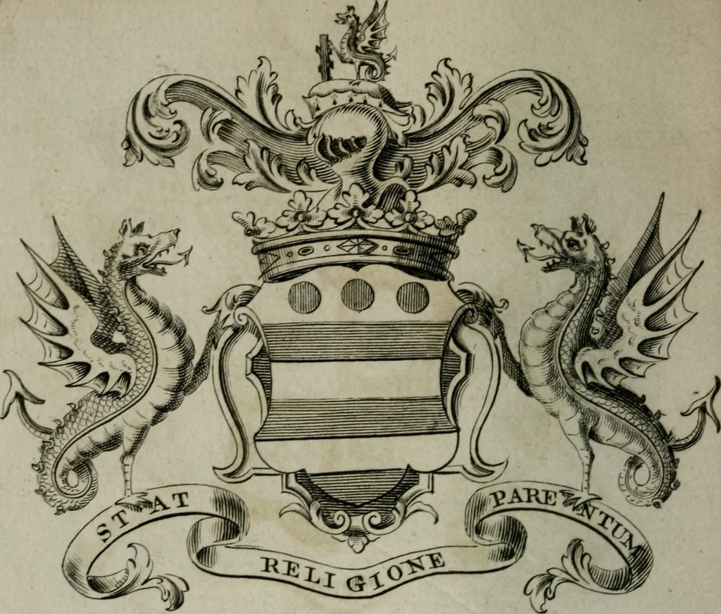 An illustration from The peerage of England : containing a genealogical and historical account of all the peers of England ... : collected from records, old wills, authentick manuscripts, our most approv'd historians, and other authorities, 1735, leaf 27