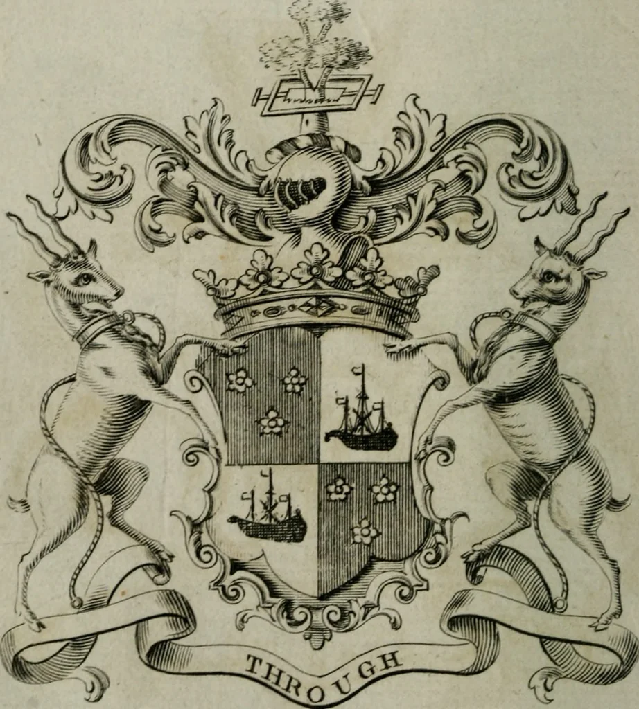 An illustration from The peerage of England : containing a genealogical and historical account of all the peers of England ... : collected from records, old wills, authentick manuscripts, our most approv'd historians, and other authorities, 1735, leaf 27