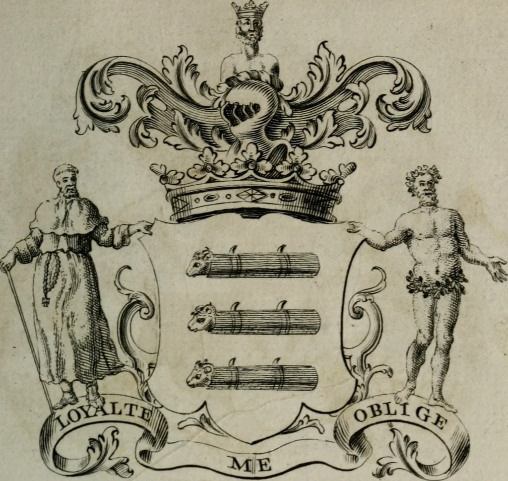 An illustration from The peerage of England : containing a genealogical and historical account of all the peers of England ... : collected from records, old wills, authentick manuscripts, our most approv'd historians, and other authorities, 1735, leaf 28