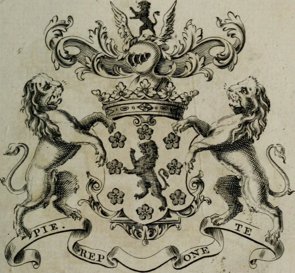 An illustration from The peerage of England : containing a genealogical and historical account of all the peers of England ... : collected from records, old wills, authentick manuscripts, our most approv'd historians, and other authorities, 1735, leaf 28