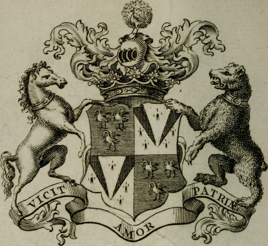 An illustration from The peerage of England : containing a genealogical and historical account of all the peers of England ... : collected from records, old wills, authentick manuscripts, our most approv'd historians, and other authorities, 1735, leaf 29