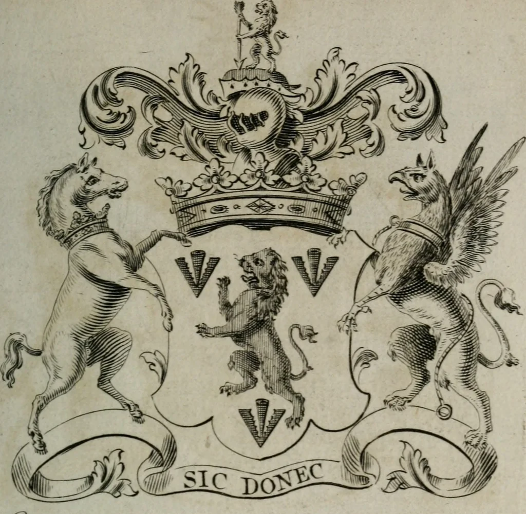 An illustration from The peerage of England : containing a genealogical and historical account of all the peers of England ... : collected from records, old wills, authentick manuscripts, our most approv'd historians, and other authorities, 1735, leaf 32