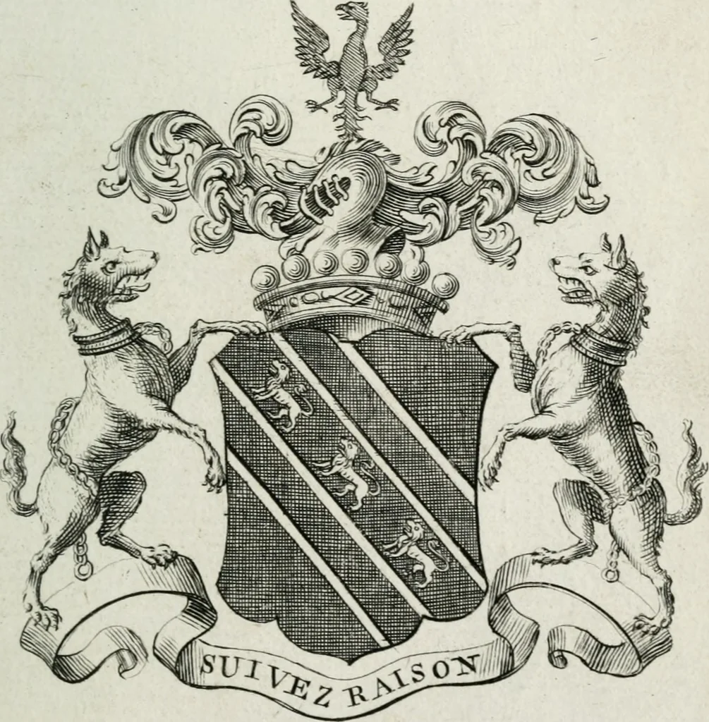 An illustration from The peerage of England : containing a genealogical and historical account of all the peers of England ... : collected from records, old wills, authentick manuscripts, our most approv'd historians, and other authorities, 1735, leaf 24