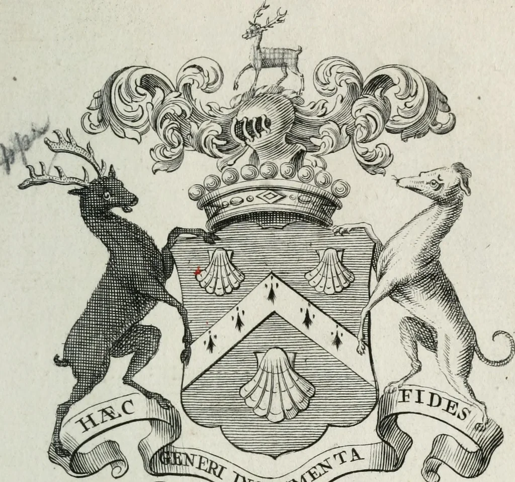 An illustration from The peerage of England : containing a genealogical and historical account of all the peers of England ... : collected from records, old wills, authentick manuscripts, our most approv'd historians, and other authorities, 1735, leaf 26