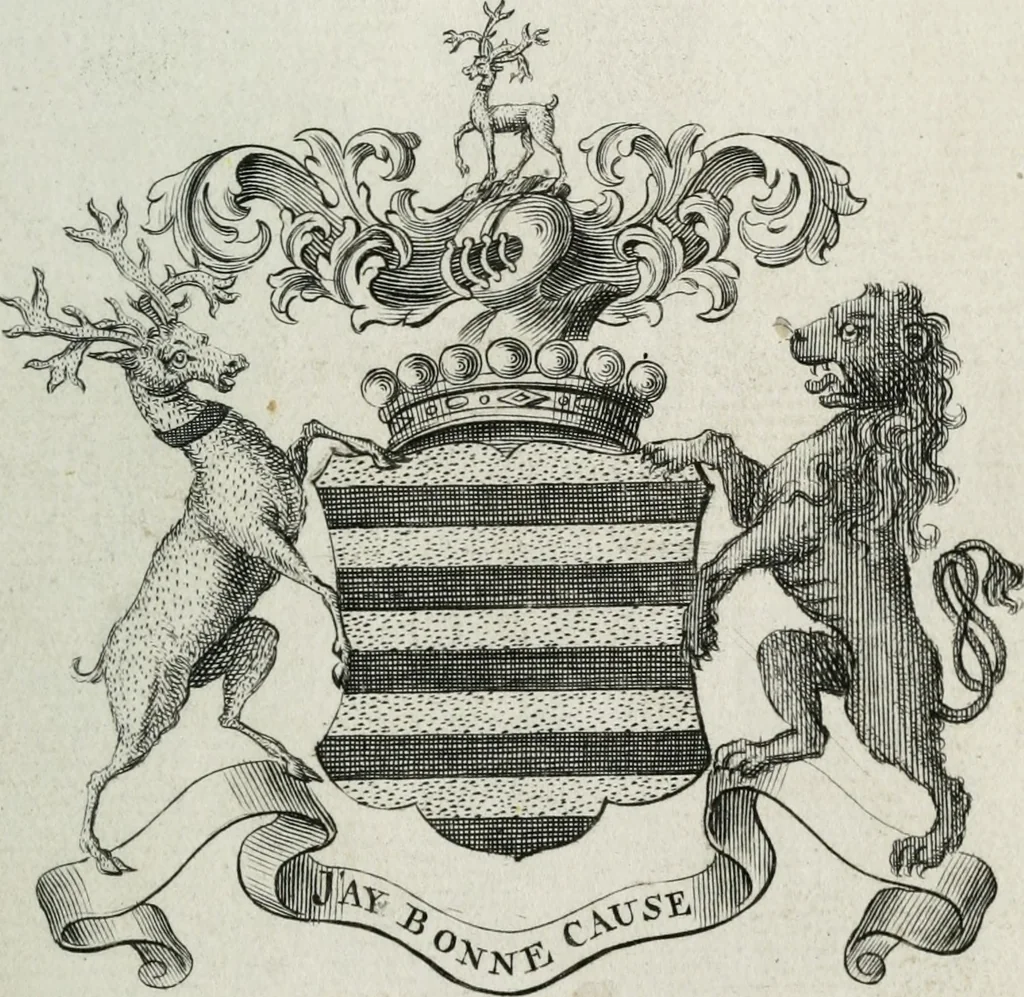 An illustration from The peerage of England : containing a genealogical and historical account of all the peers of England ... : collected from records, old wills, authentick manuscripts, our most approv'd historians, and other authorities, 1735, leaf 26