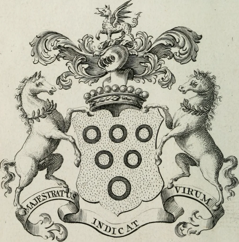 An illustration from The peerage of England : containing a genealogical and historical account of all the peers of England ... : collected from records, old wills, authentick manuscripts, our most approv'd historians, and other authorities, 1735, leaf 27