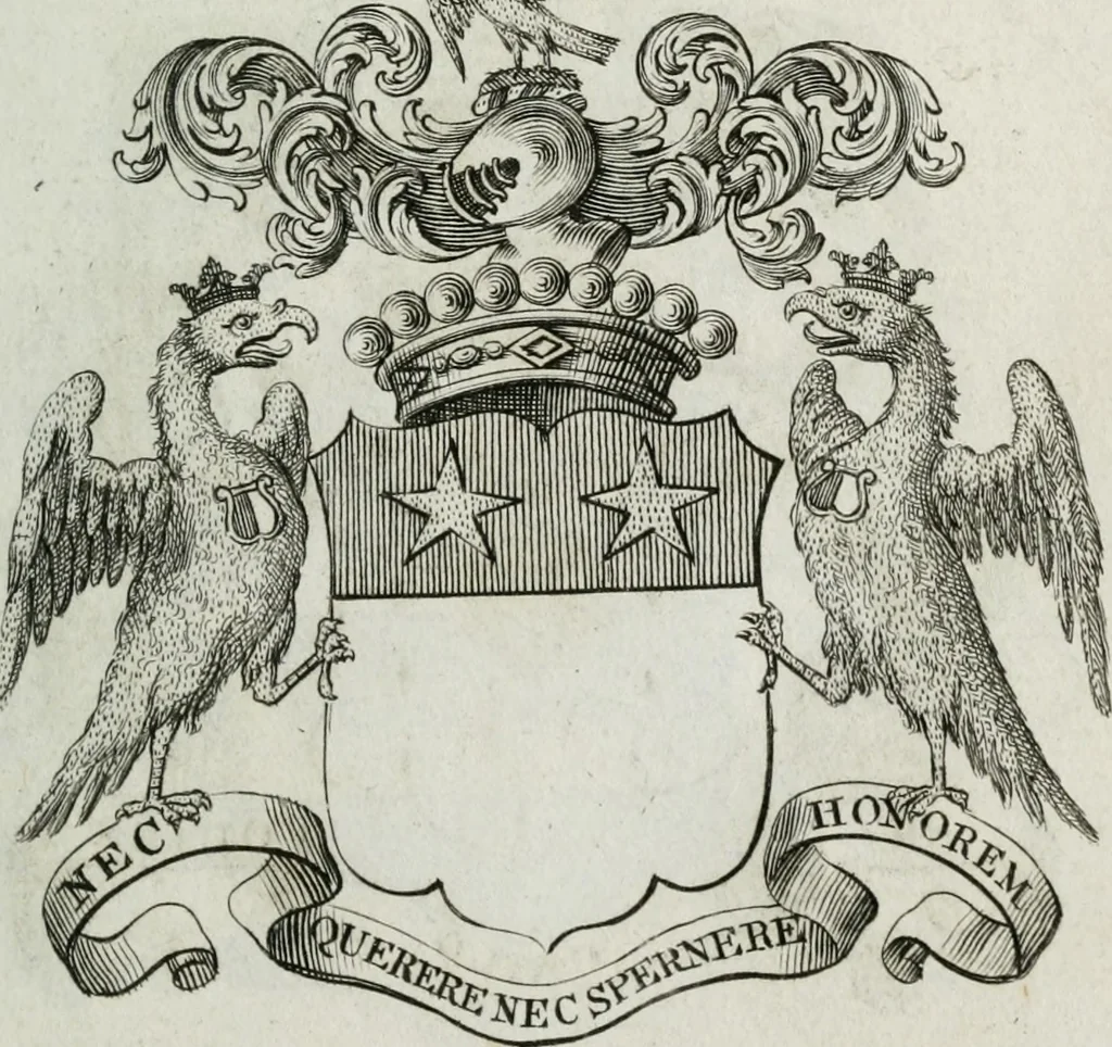 An illustration from The peerage of England : containing a genealogical and historical account of all the peers of England ... : collected from records, old wills, authentick manuscripts, our most approv'd historians, and other authorities, 1735, leaf 28