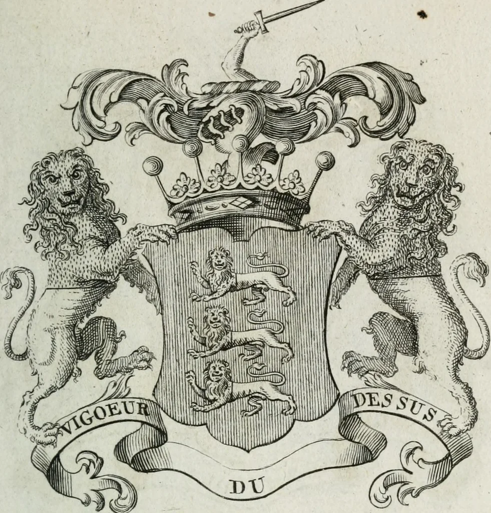 An illustration from The peerage of England : containing a genealogical and historical account of all the peers of England ... : collected from records, old wills, authentick manuscripts, our most approv'd historians, and other authorities, 1735, leaf 28