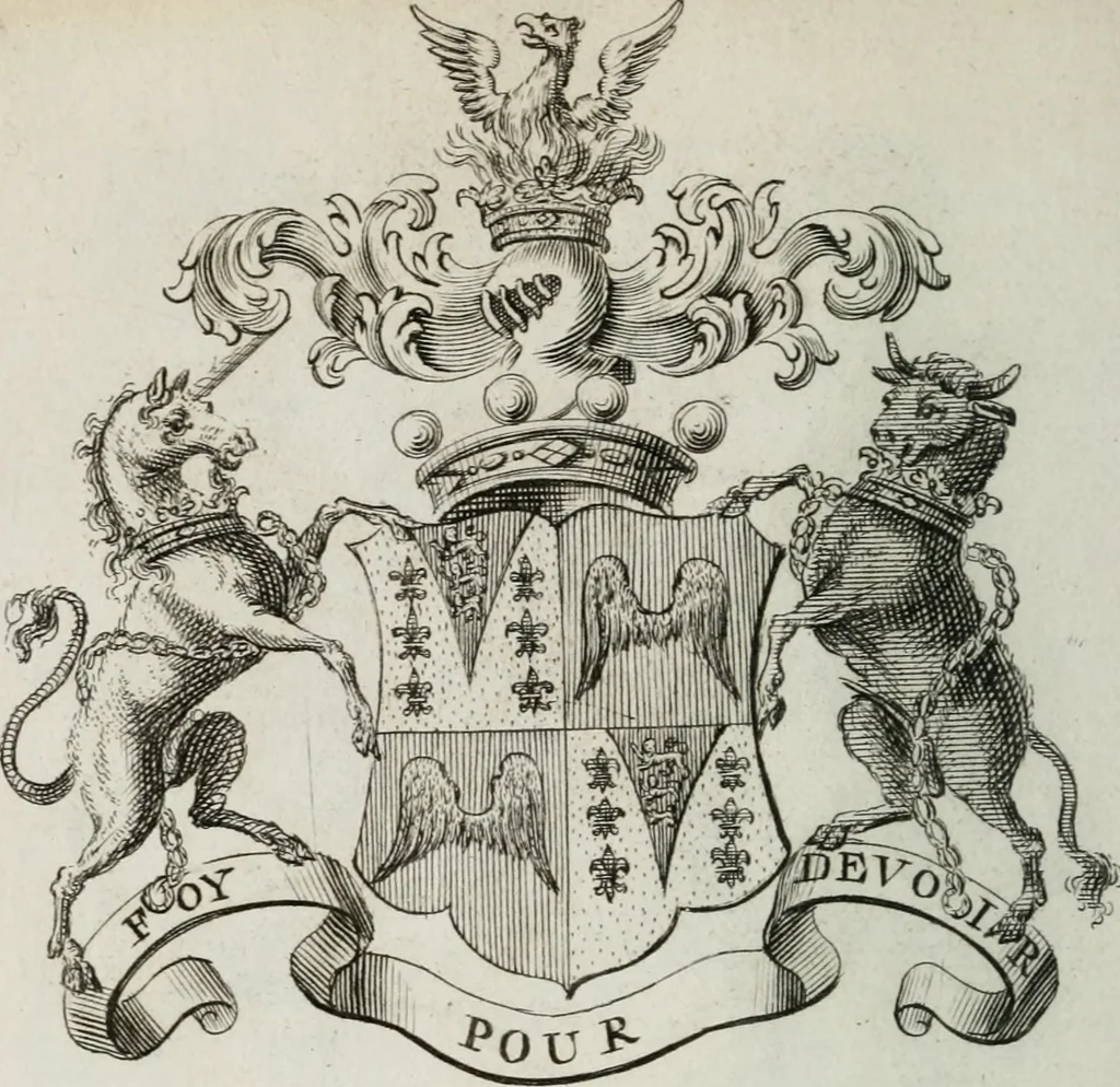 An illustration from The peerage of England : containing a genealogical and historical account of all the peers of England ... : collected from records, old wills, authentick manuscripts, our most approv'd historians, and other authorities, 1735, leaf 33