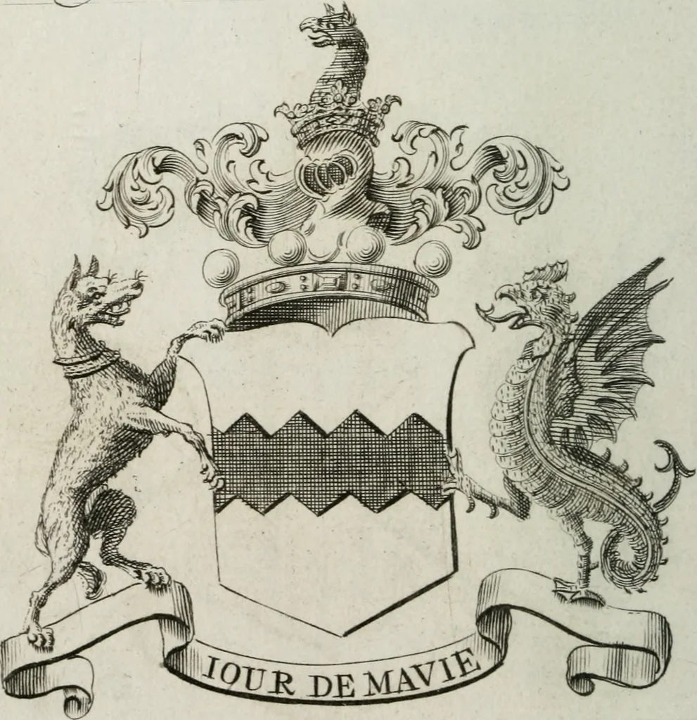An illustration from The peerage of England : containing a genealogical and historical account of all the peers of England ... : collected from records, old wills, authentick manuscripts, our most approv'd historians, and other authorities, 1735, leaf 33