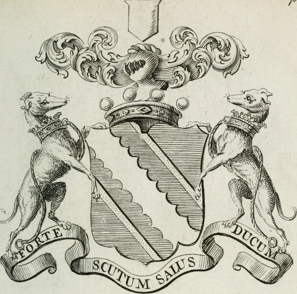 An illustration from The peerage of England : containing a genealogical and historical account of all the peers of England ... : collected from records, old wills, authentick manuscripts, our most approv'd historians, and other authorities, 1735, leaf 34