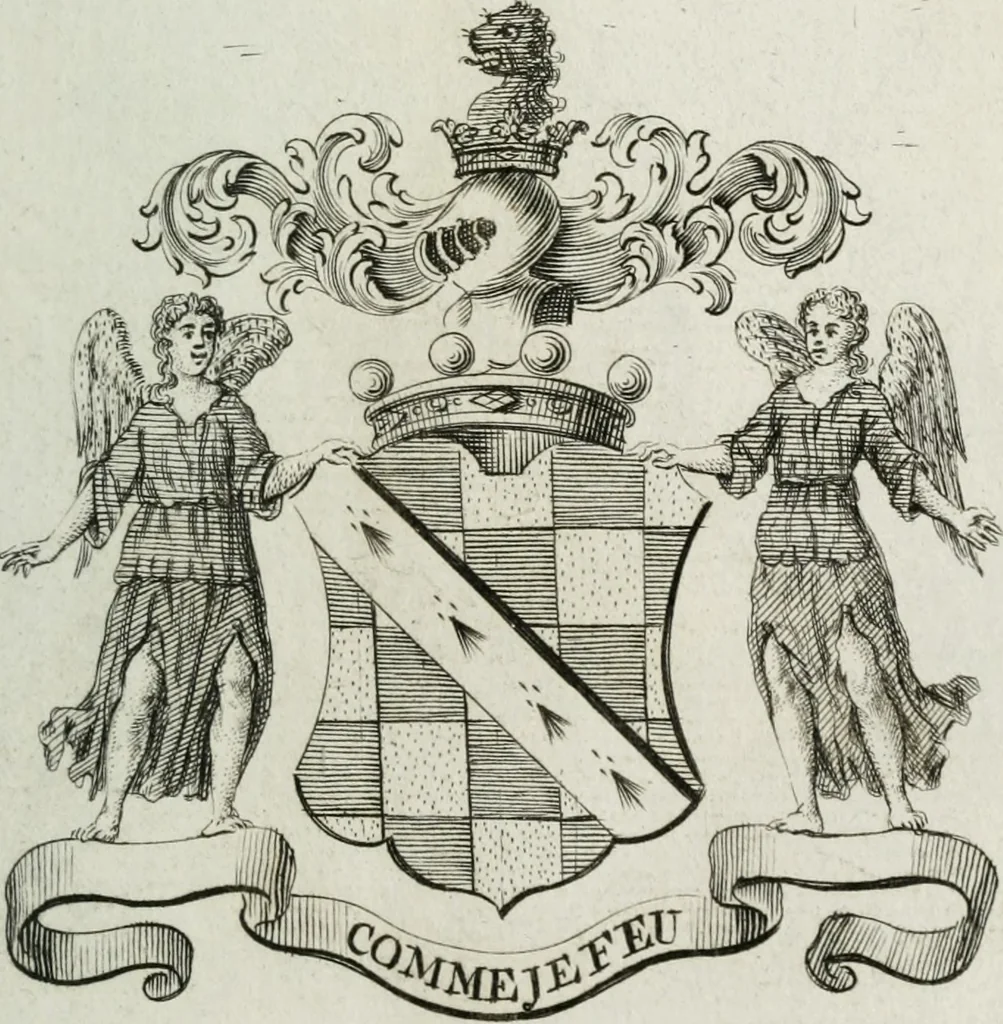 An illustration from The peerage of England : containing a genealogical and historical account of all the peers of England ... : collected from records, old wills, authentick manuscripts, our most approv'd historians, and other authorities, 1735, leaf 34