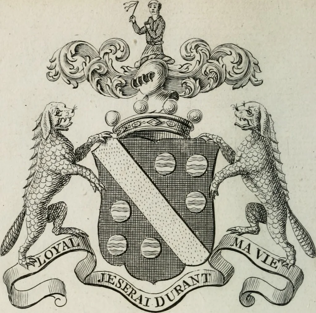 An illustration from The peerage of England : containing a genealogical and historical account of all the peers of England ... : collected from records, old wills, authentick manuscripts, our most approv'd historians, and other authorities, 1735, leaf 35