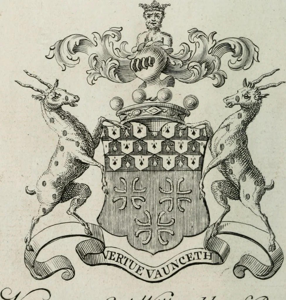 An illustration from The peerage of England : containing a genealogical and historical account of all the peers of England ... : collected from records, old wills, authentick manuscripts, our most approv'd historians, and other authorities, 1735, leaf 35
