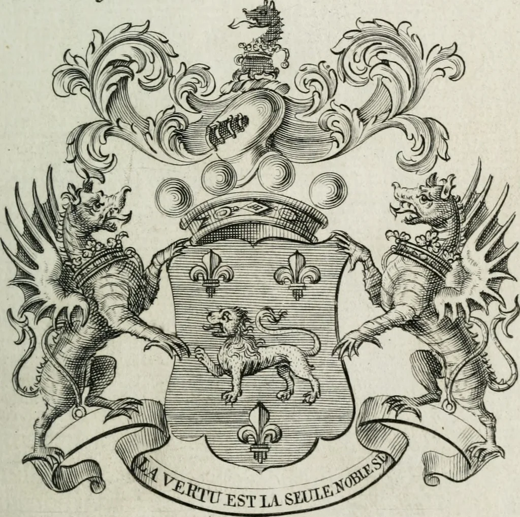 An illustration from The peerage of England : containing a genealogical and historical account of all the peers of England ... : collected from records, old wills, authentick manuscripts, our most approv'd historians, and other authorities, 1735, leaf 36