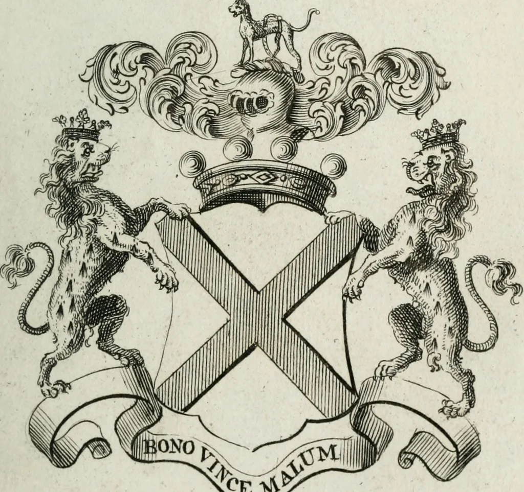 An illustration from The peerage of England : containing a genealogical and historical account of all the peers of England ... : collected from records, old wills, authentick manuscripts, our most approv'd historians, and other authorities, 1735, leaf 38