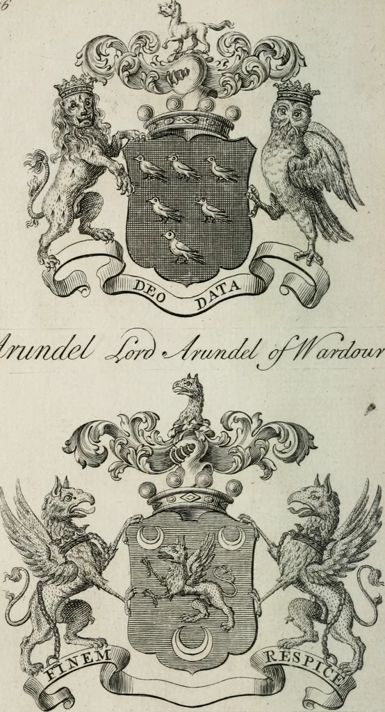 An illustration from The peerage of England : containing a genealogical and historical account of all the peers of England ... : collected from records, old wills, authentick manuscripts, our most approv'd historians, and other authorities, 1735, leaf 39
