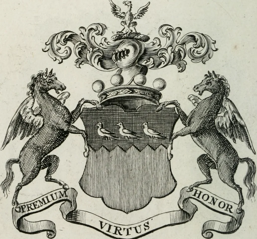 An illustration from The peerage of England : containing a genealogical and historical account of all the peers of England ... : collected from records, old wills, authentick manuscripts, our most approv'd historians, and other authorities, 1735, leaf 41