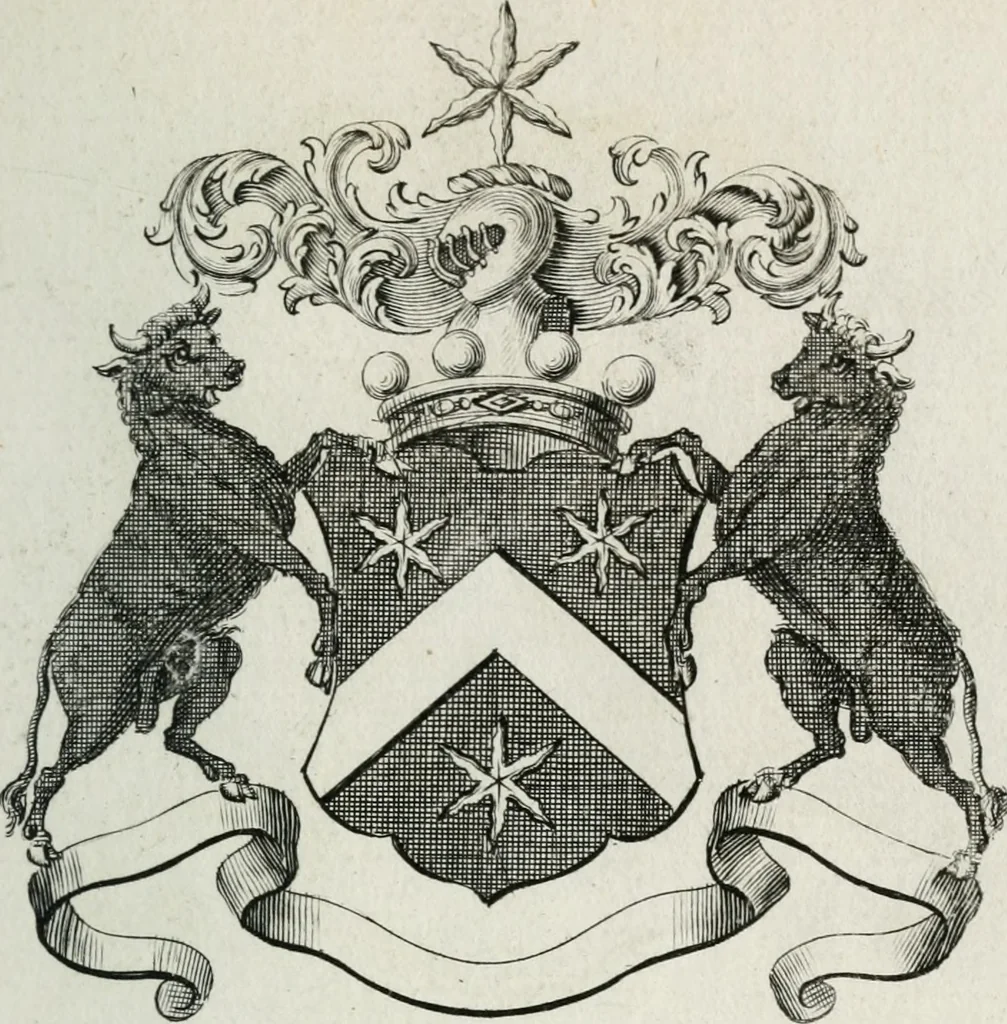 An illustration from The peerage of England : containing a genealogical and historical account of all the peers of England ... : collected from records, old wills, authentick manuscripts, our most approv'd historians, and other authorities, 1735, leaf 44