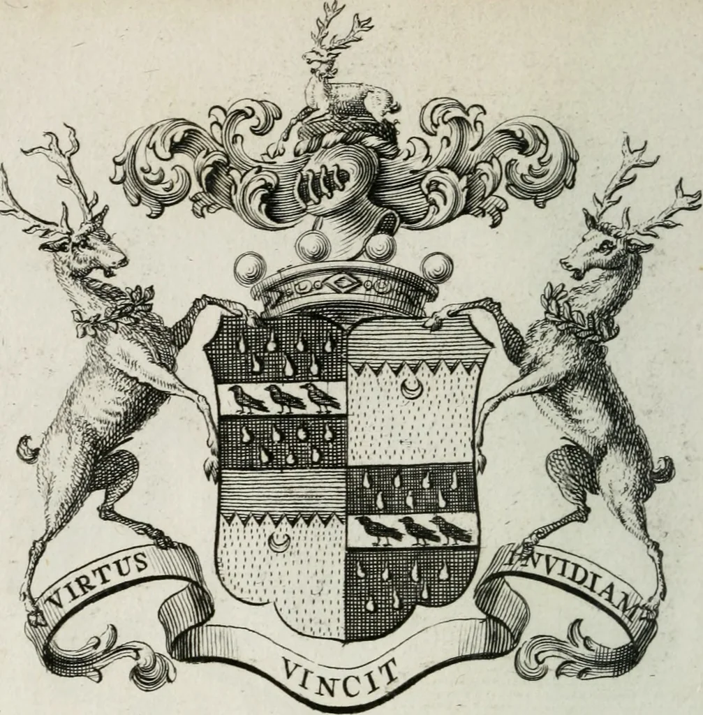 An illustration from The peerage of England : containing a genealogical and historical account of all the peers of England ... : collected from records, old wills, authentick manuscripts, our most approv'd historians, and other authorities, 1735, leaf 45