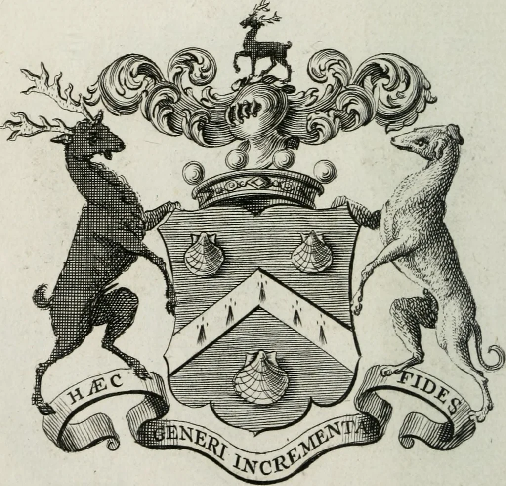 An illustration from The peerage of England : containing a genealogical and historical account of all the peers of England ... : collected from records, old wills, authentick manuscripts, our most approv'd historians, and other authorities, 1735, leaf 45