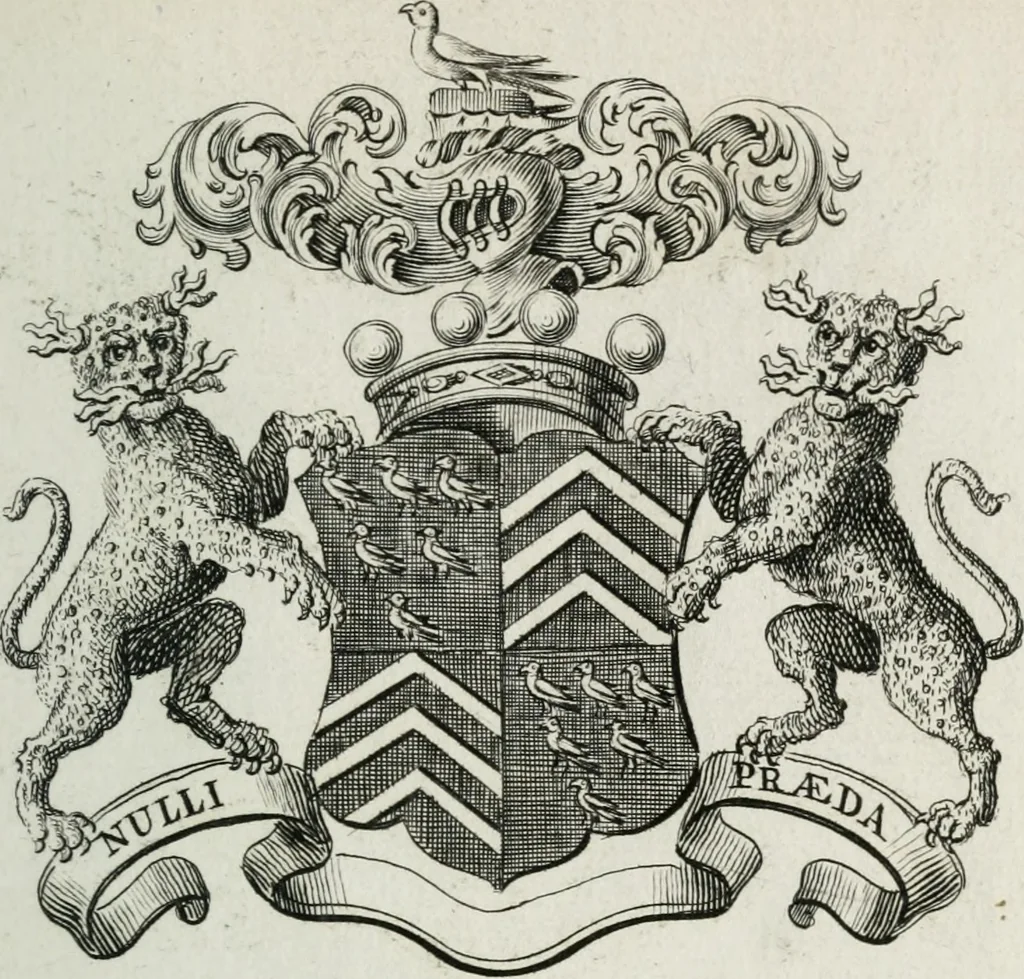 An illustration from The peerage of England : containing a genealogical and historical account of all the peers of England ... : collected from records, old wills, authentick manuscripts, our most approv'd historians, and other authorities, 1735, leaf 46