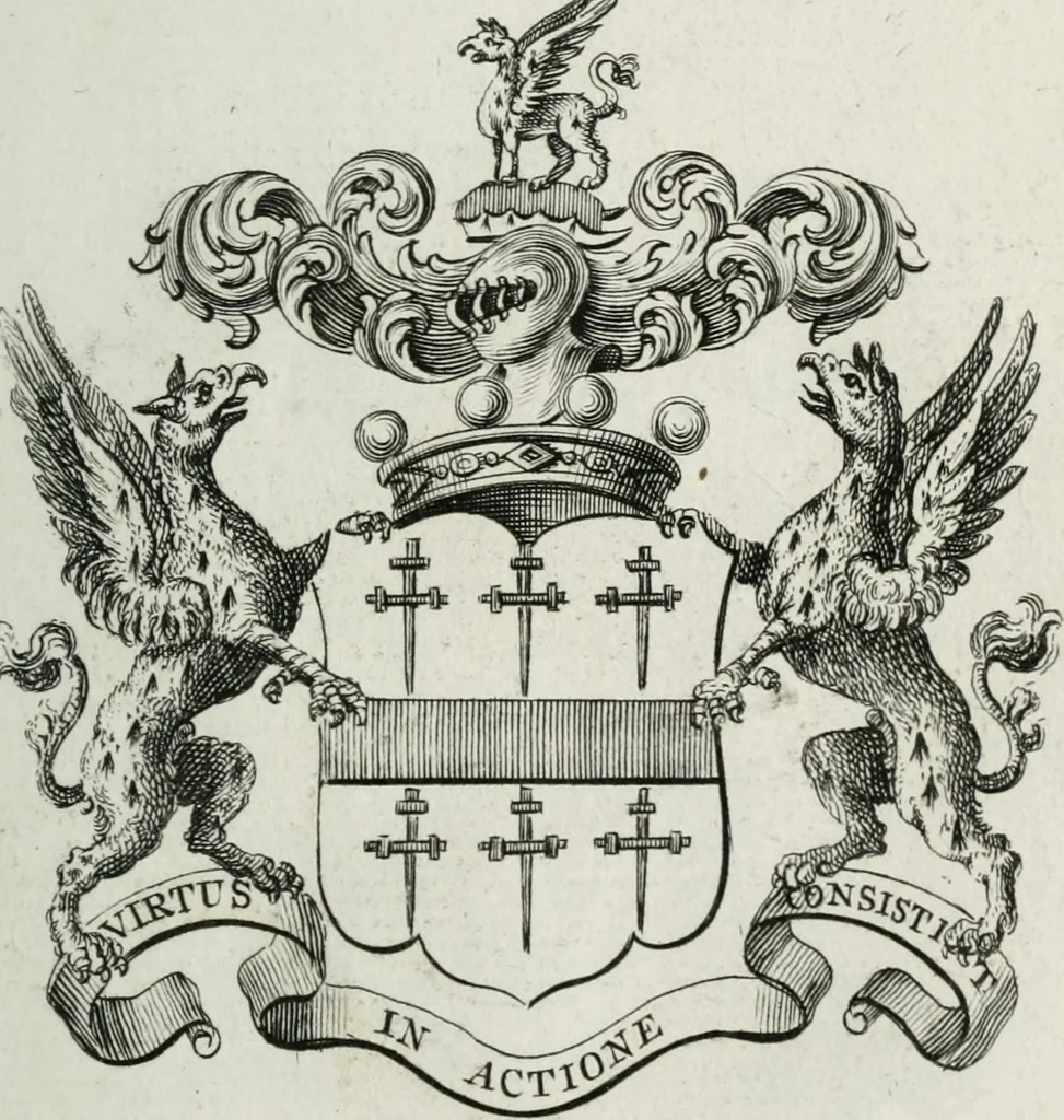 An illustration from The peerage of England : containing a genealogical and historical account of all the peers of England ... : collected from records, old wills, authentick manuscripts, our most approv'd historians, and other authorities, 1735, leaf 46