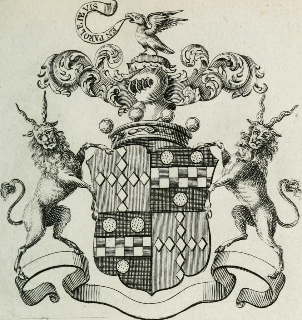 An illustration from The peerage of England : containing a genealogical and historical account of all the peers of England ... : collected from records, old wills, authentick manuscripts, our most approv'd historians, and other authorities, 1735, leaf 48