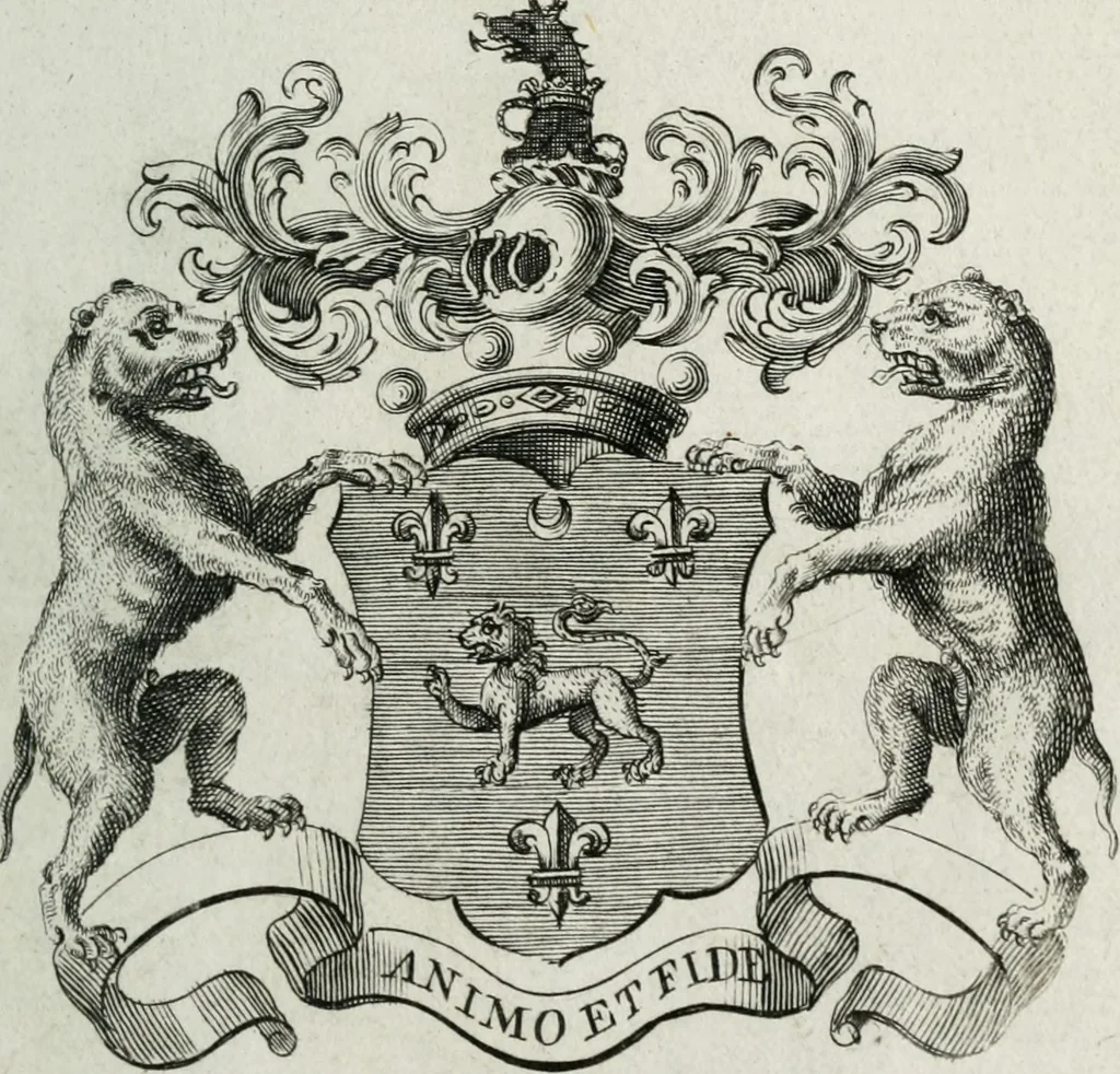 An illustration from The peerage of England : containing a genealogical and historical account of all the peers of England ... : collected from records, old wills, authentick manuscripts, our most approv'd historians, and other authorities, 1735, leaf 48