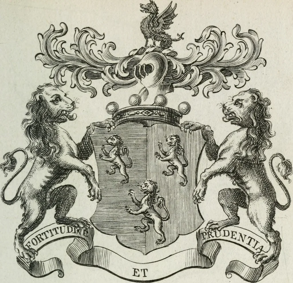 An illustration from The peerage of England : containing a genealogical and historical account of all the peers of England ... : collected from records, old wills, authentick manuscripts, our most approv'd historians, and other authorities, 1735, leaf 50