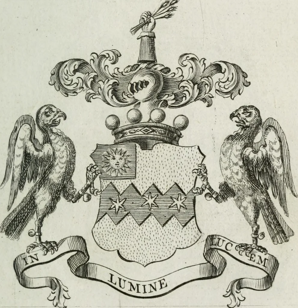 An illustration from The peerage of England : containing a genealogical and historical account of all the peers of England ... : collected from records, old wills, authentick manuscripts, our most approv'd historians, and other authorities, 1735, leaf 50