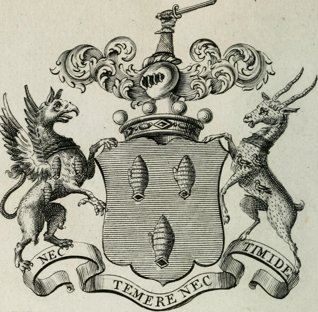 An illustration from The peerage of England : containing a genealogical and historical account of all the peers of England ... : collected from records, old wills, authentick manuscripts, our most approv'd historians, and other authorities, 1735, leaf 51