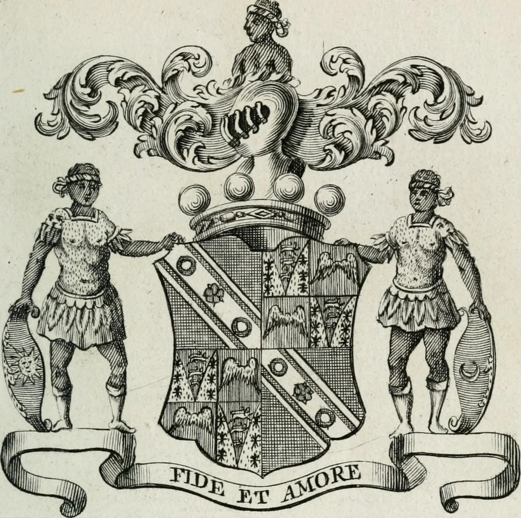 An illustration from The peerage of England : containing a genealogical and historical account of all the peers of England ... : collected from records, old wills, authentick manuscripts, our most approv'd historians, and other authorities, 1735, leaf 52