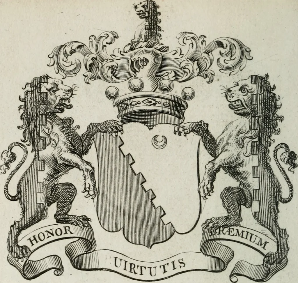 An illustration from The peerage of England : containing a genealogical and historical account of all the peers of England ... : collected from records, old wills, authentick manuscripts, our most approv'd historians, and other authorities, 1735, leaf 53