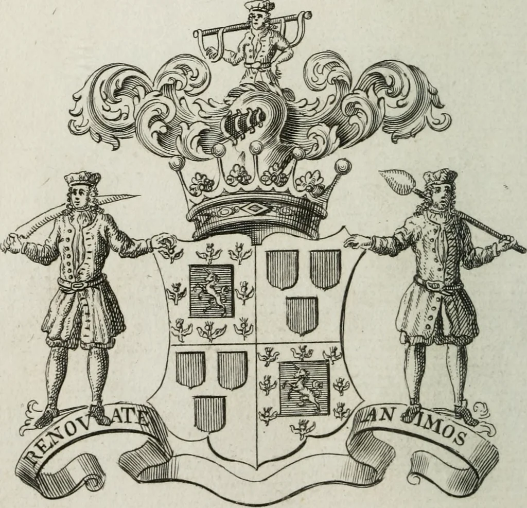An illustration from The peerage of England : containing a genealogical and historical account of all the peers of England ... : collected from records, old wills, authentick manuscripts, our most approv'd historians, and other authorities, 1735, leaf 53
