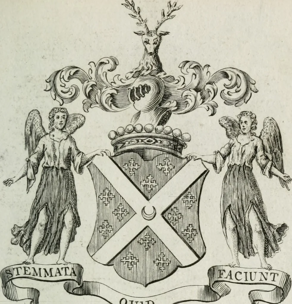 An illustration from The peerage of England : containing a genealogical and historical account of all the peers of England ... : collected from records, old wills, authentick manuscripts, our most approv'd historians, and other authorities, 1735, leaf 54