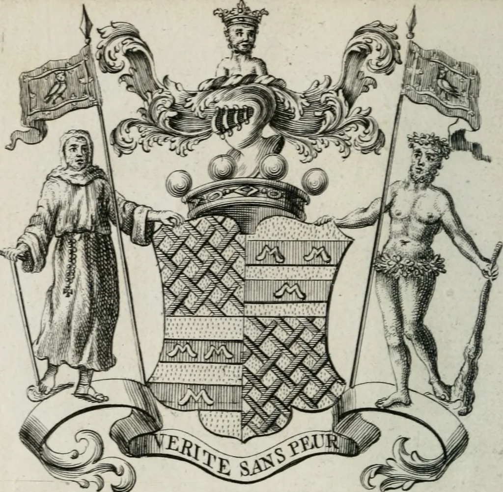 An illustration from The peerage of England : containing a genealogical and historical account of all the peers of England ... : collected from records, old wills, authentick manuscripts, our most approv'd historians, and other authorities, 1735, leaf 55