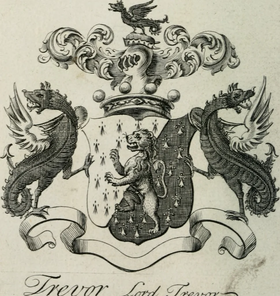 An illustration from The peerage of England : containing a genealogical and historical account of all the peers of England ... : collected from records, old wills, authentick manuscripts, our most approv'd historians, and other authorities, 1735, leaf 55
