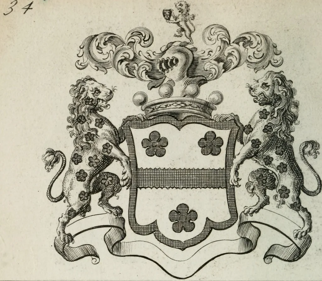 An illustration from The peerage of England : containing a genealogical and historical account of all the peers of England ... : collected from records, old wills, authentick manuscripts, our most approv'd historians, and other authorities, 1735, leaf 57