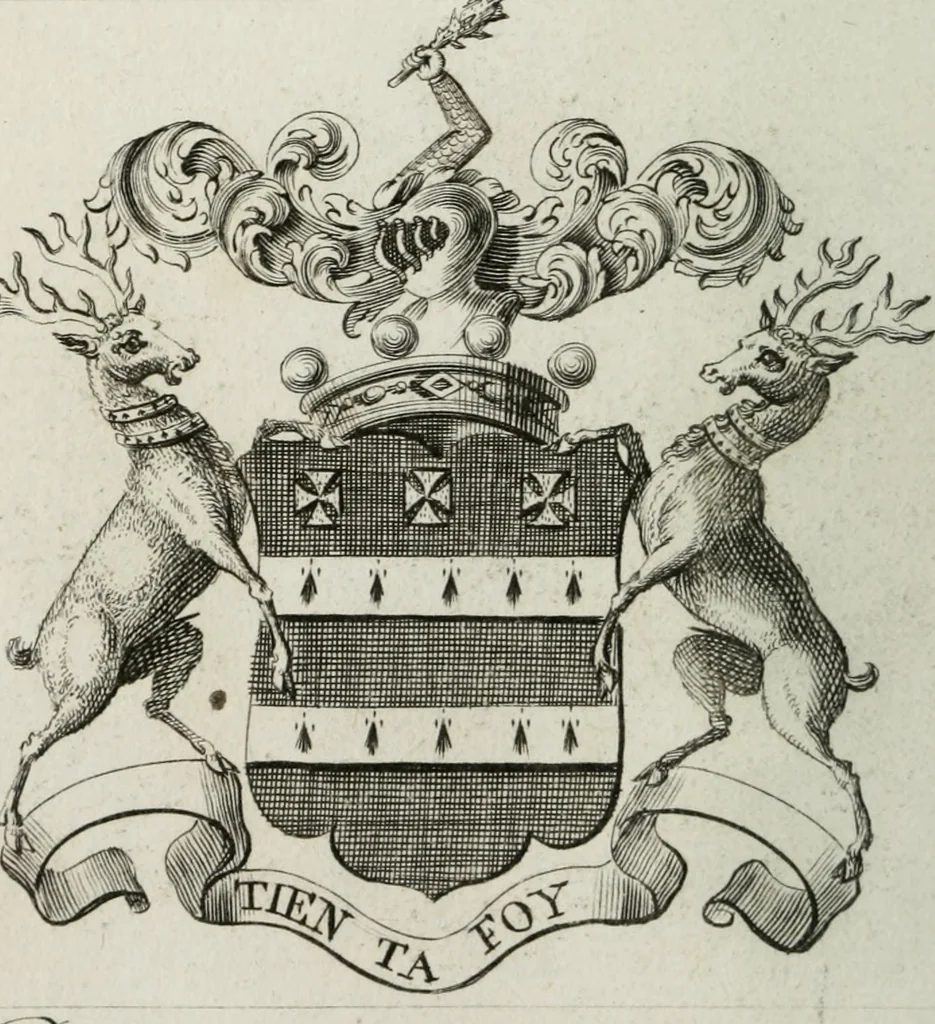 An illustration from The peerage of England : containing a genealogical and historical account of all the peers of England ... : collected from records, old wills, authentick manuscripts, our most approv'd historians, and other authorities, 1735, leaf 57