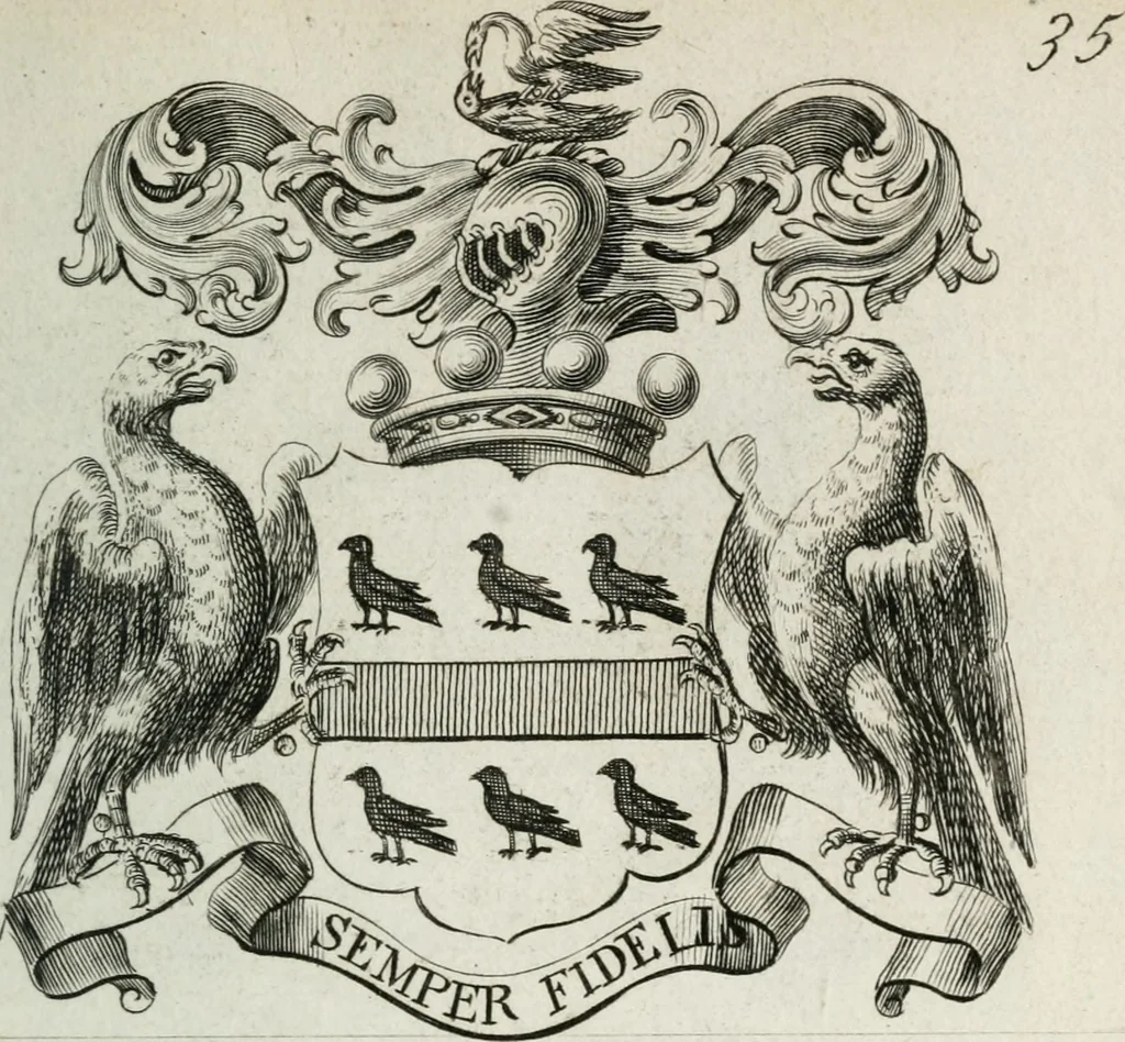 An illustration from The peerage of England : containing a genealogical and historical account of all the peers of England ... : collected from records, old wills, authentick manuscripts, our most approv'd historians, and other authorities, 1735, leaf 58