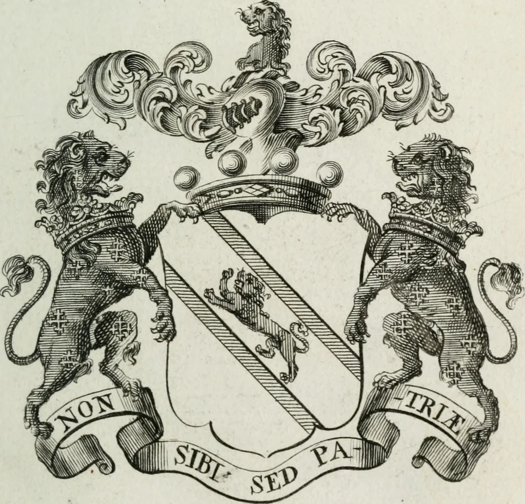 An illustration from The peerage of England : containing a genealogical and historical account of all the peers of England ... : collected from records, old wills, authentick manuscripts, our most approv'd historians, and other authorities, 1735, leaf 58