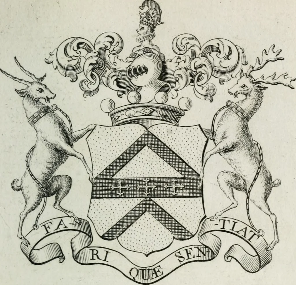 An illustration from The peerage of England : containing a genealogical and historical account of all the peers of England ... : collected from records, old wills, authentick manuscripts, our most approv'd historians, and other authorities, 1735, leaf 60