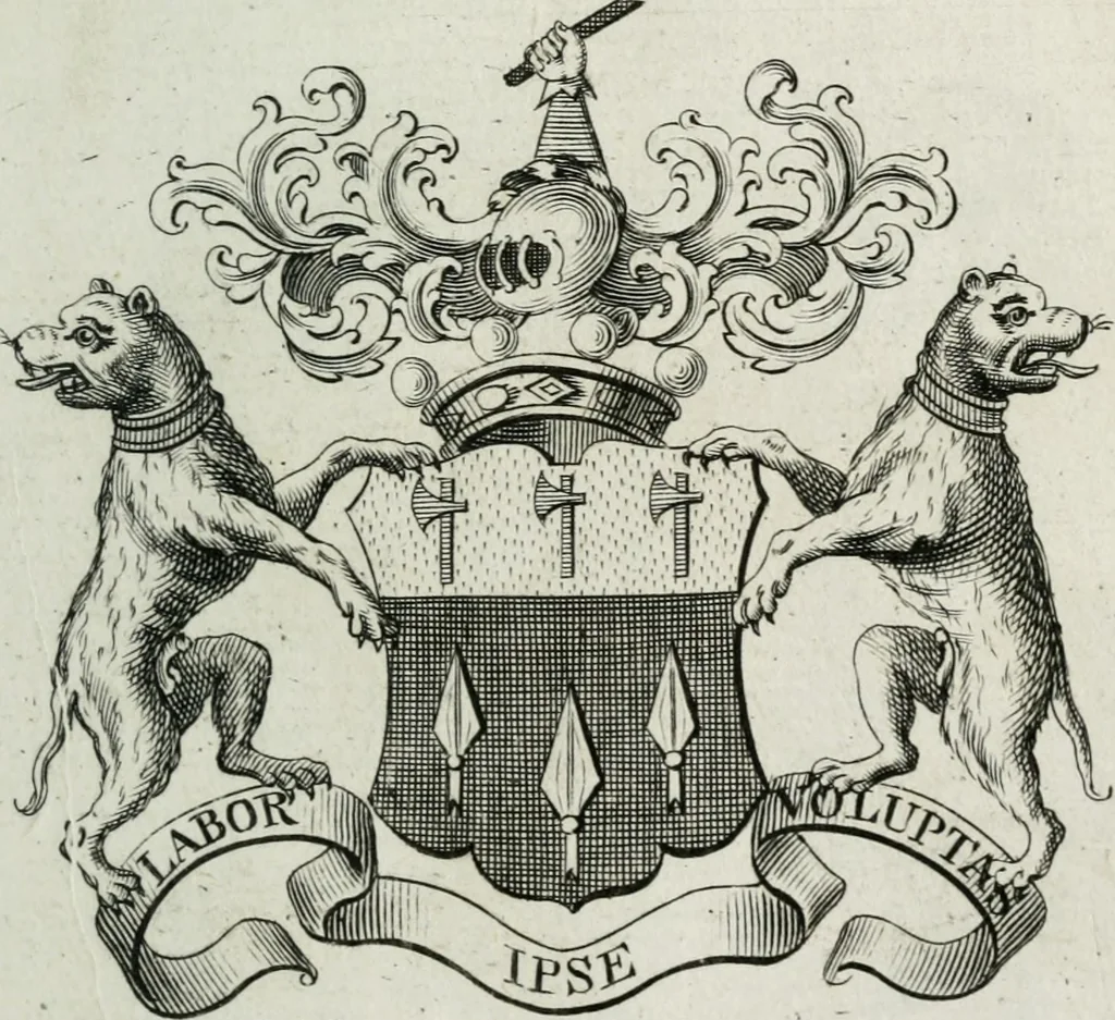 An illustration from The peerage of England : containing a genealogical and historical account of all the peers of England ... : collected from records, old wills, authentick manuscripts, our most approv'd historians, and other authorities, 1735, leaf 60