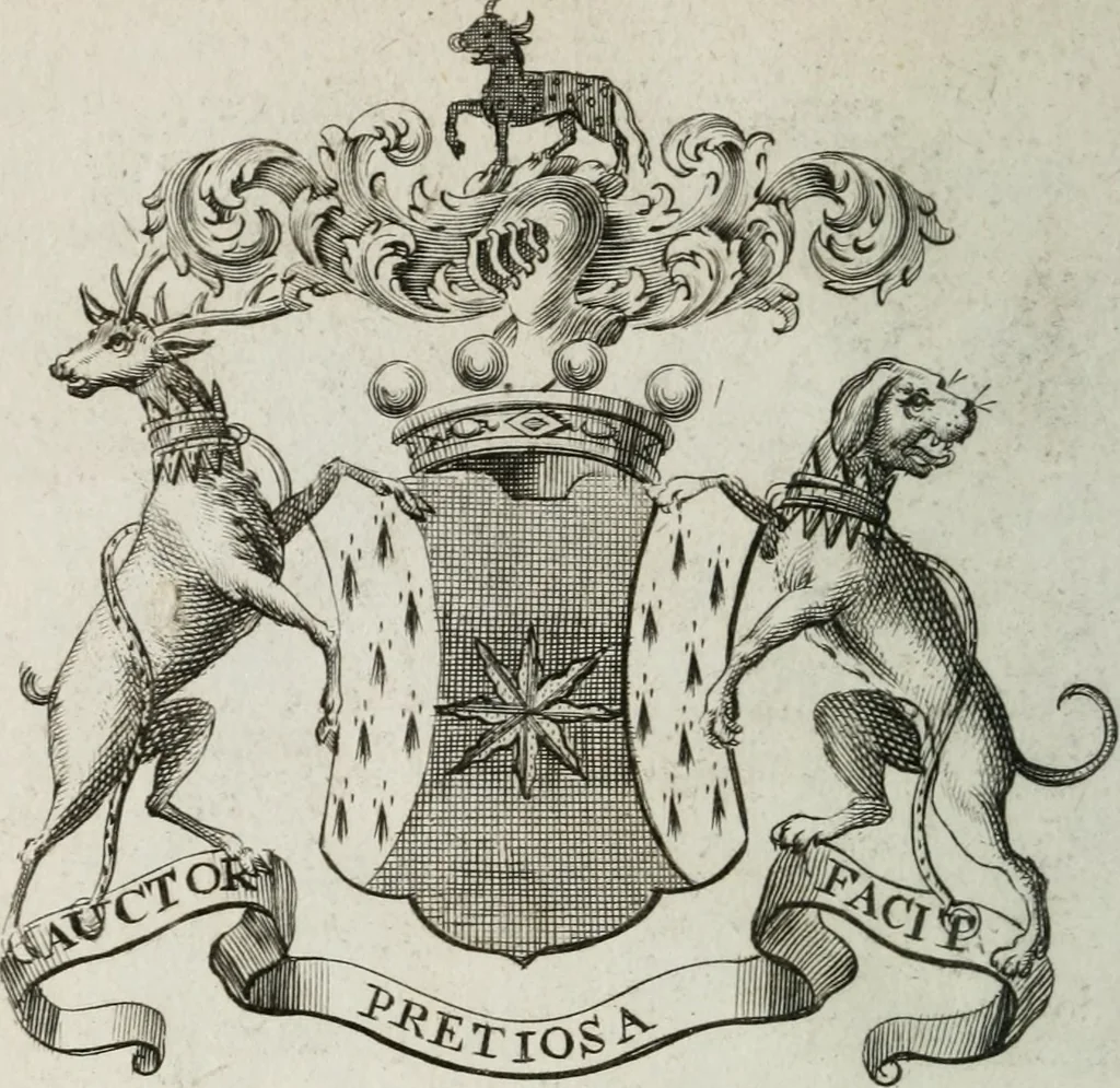 An illustration from The peerage of England : containing a genealogical and historical account of all the peers of England ... : collected from records, old wills, authentick manuscripts, our most approv'd historians, and other authorities, 1735, leaf 61