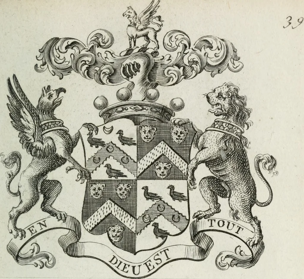 An illustration from The peerage of England : containing a genealogical and historical account of all the peers of England ... : collected from records, old wills, authentick manuscripts, our most approv'd historians, and other authorities, 1735, leaf 62