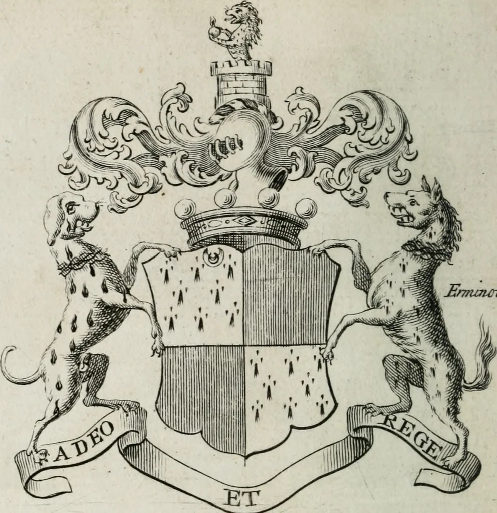 An illustration from The peerage of England : containing a genealogical and historical account of all the peers of England ... : collected from records, old wills, authentick manuscripts, our most approv'd historians, and other authorities, 1735, leaf 63
