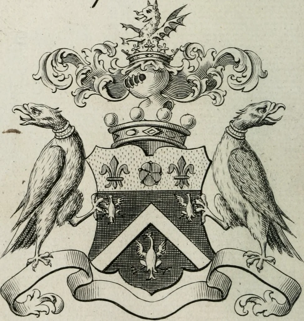 An illustration from The peerage of England : containing a genealogical and historical account of all the peers of England ... : collected from records, old wills, authentick manuscripts, our most approv'd historians, and other authorities, 1735, leaf 63