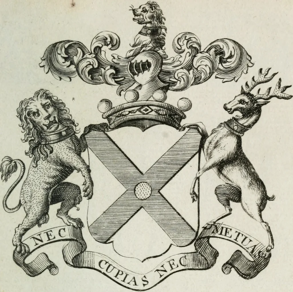 An illustration from The peerage of England : containing a genealogical and historical account of all the peers of England ... : collected from records, old wills, authentick manuscripts, our most approv'd historians, and other authorities, 1735, leaf 64