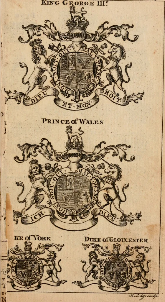 An illustration from The peerage of Scotland : a complete view of the several orders of nobility, of that ancient kingdom; their descents, marriages, issue, and relations; their creations, armorial bearings, crests, supporters, mottos, chief seats, and the high offices they possess ... together with a list of the sixteen peers, from the union to 1767 ..., 1767, leaf 10